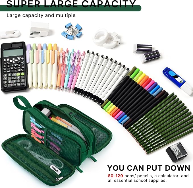 TOPBIDAI Large Pencil Case Pouch for Girls Boy Women Men Adults | Big Capacity Canvas Pencil Bag, Office School Supplies, Multi Compartment Zipper Stationery Pen Box(Dark Green)