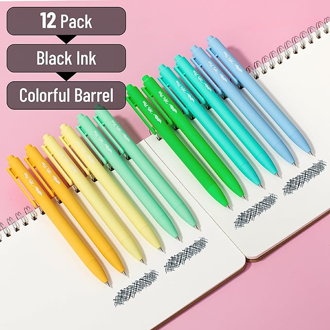 Mr. Pen- Retractable Gel Pens, 12 Pack, Black Ink, Fresh Color Barrels, Fine Point 0.5mm, Fast Dry, Smooth Writing, Cute Pens for Drawing, Writing Planner and School Supplies