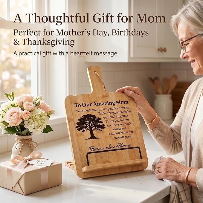 Bamboo Cookbook Stand for Kitchen Counter, Wooden Recipe Book Holder with 4 Adjustable Angles, Space-Saving Wall Mount Tablet Stand, Personalized Mothers Day Gifts for Mom
