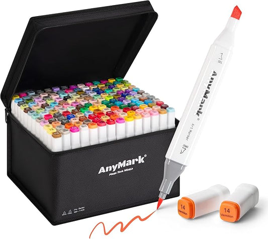 AnyMark Alcohol Markers Brush Tip, 168+1 Colors Dual Tip Brush & Chisel Alcohol-Based Art Markers Set with Case for Adult Artists Drawing Coloring