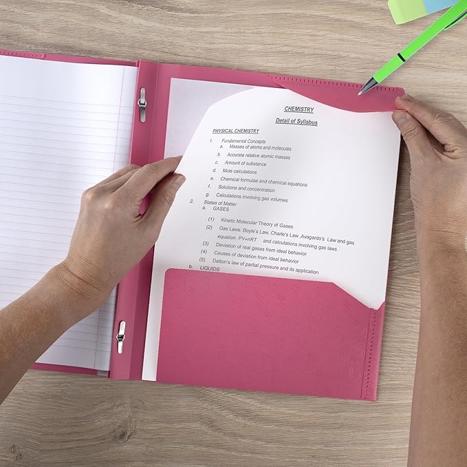 Five Star 2-Pocket Folder, Plastic Folder with Stay-Put Tabs and Prong Fasteners, Holds 8-1/2" x 11" Paper, Prom Pink (340300R)