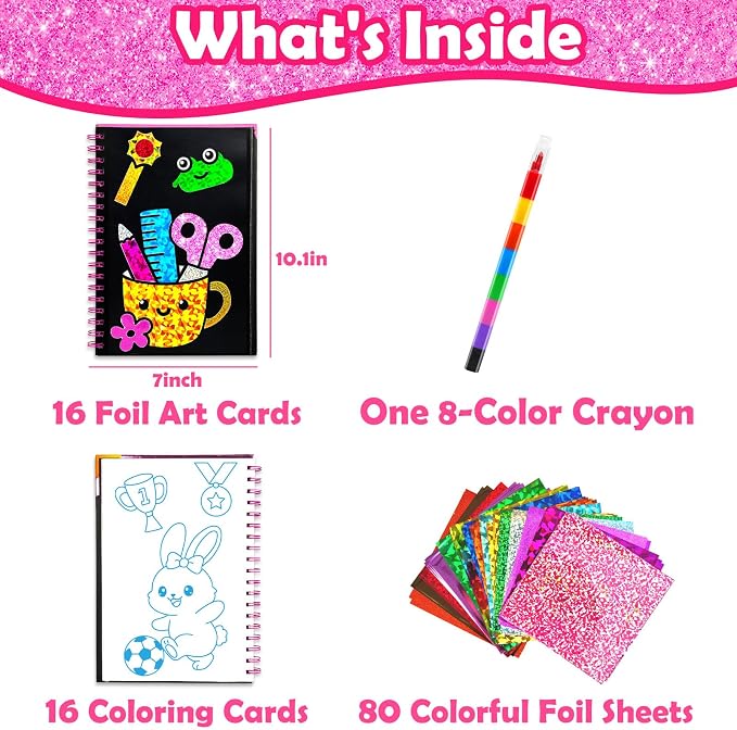 FUNNYB&G Foil Art Craft Kit for Girls 4-10 Years Old: Mess-Free & No-Glue, Create 16 Back to School Pictures – Perfect Travel Toy & Birthday Gift for Kids (Back to School)