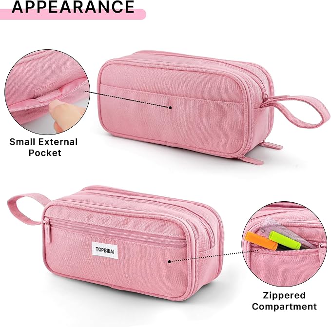 TOPBIDAI Large Pencil Case Pouch for Girls Boy Women Men Adults | Big Capacity Canvas Pencil Bag, Office School Supplies, Multi Compartment Zipper Stationery Pen Box(Light Pink)