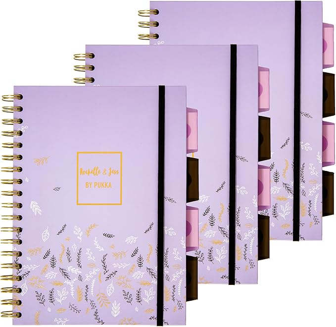 Pukka Pad 5 Subject Spiral Notebook 12-Pack - 200 Pages, 100 Sheets of 80GSM Paper with Repositionable Dividers & Perforated Edges for School & Office - B5-7 X 10, Purple, Squared