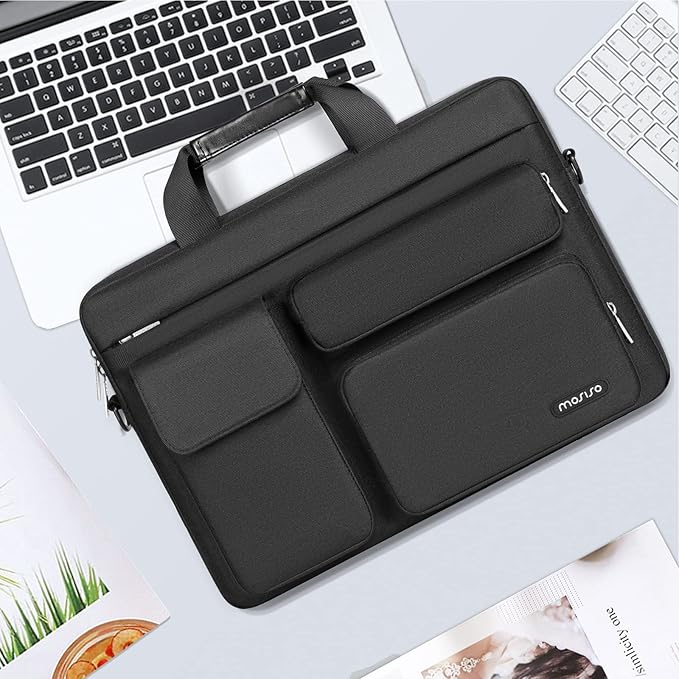 MOSISO Laptop Shoulder Bag 14 inch, 14 inch Computer Bag Compatible with HP Lenovo Dell ASUS Acer, HP Stream, Dell Latitude with 2 Raised&1 Flapover&1 Horizontal Pocket&Handle&Belt, Black