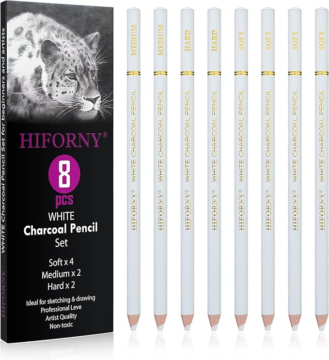 HIFORNY 8 Pieces White Charcoal Pencils Drawing Set for Drawing, Sketching, Shading, Blending - Chalk Pencils for Beginners & Artists