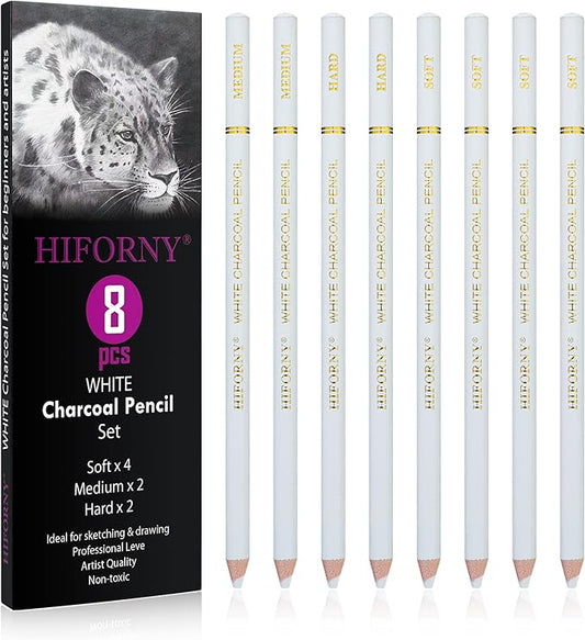 HIFORNY 8 Pieces White Charcoal Pencils Drawing Set for Drawing, Sketching, Shading, Blending - Chalk Pencils for Beginners & Artists