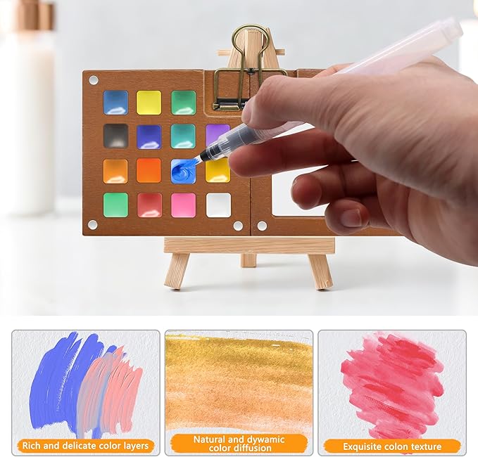 Pocket Watercolor Paint Set - 24 Vibrant Colors, Pocket Art Kit with 15-Well Walnut Palette - for Travel, Beginners, Outdoor Sketching & Painting Gift