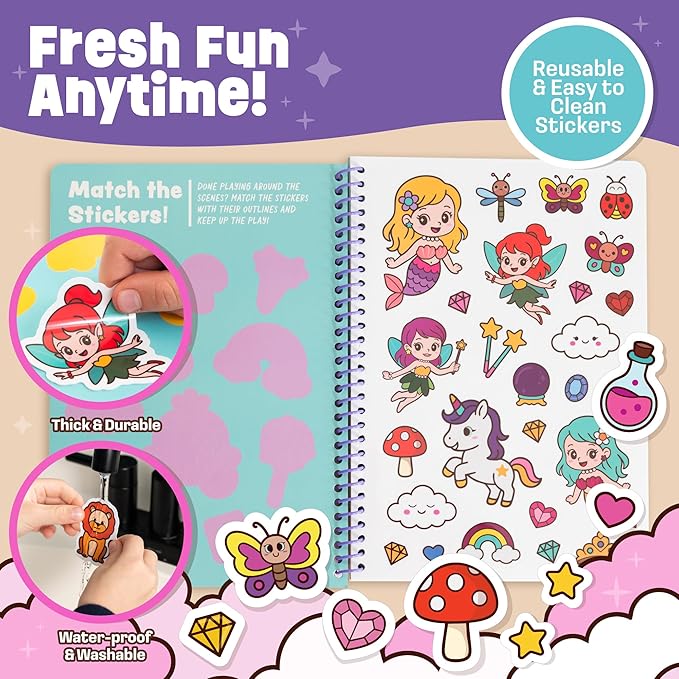 Unicorn Sticker Book - 50 Reusable Stickers for Girls - Unicorn Toys for Ages 3-5, No Mess Travel Toys & Road Trip Activities for Kids - Reusable Sticker Books for Toddlers 1-3 2-4, Litlte Girl Gift