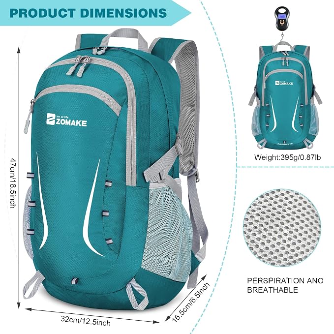 ZOMAKE Lightweight Packable Backpack 35L, Foldable Backpacks Water Resistant Collapsible Light Daypack for Hiking(Turquoise Green)