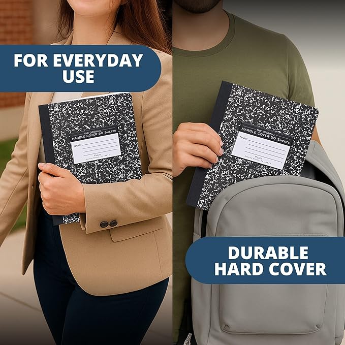 ROARING SPRING Hard Cover Composition Notebook, 48 Pack, Black Marble Comp Book, 9.75″ x 7.5″, Unruled Blank Paper, 50 Sheets (100 Pages), Made in USA