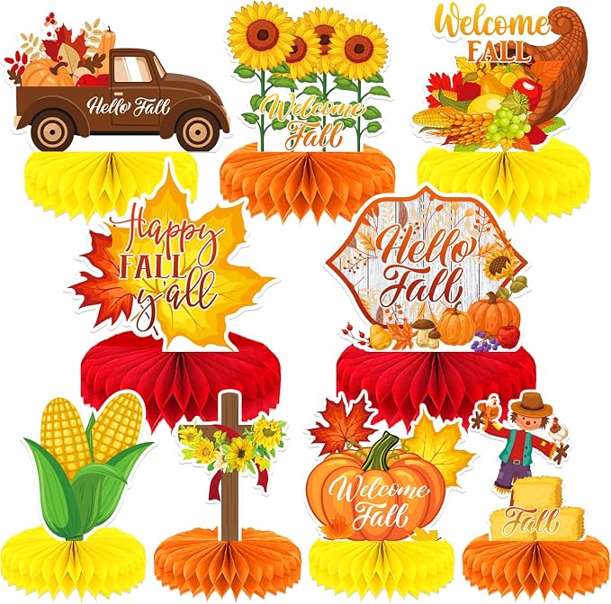 Fall Table Decorations - 9Pcs Fall Centerpieces for Tables Autumn Honeycomb Centerpieces 3D Pumpkin Maple Leaf Table Topper for Friendsgiving Harvest Birthday Thanksgiving Party Decorations