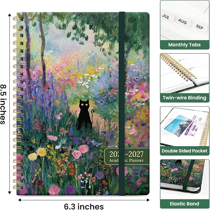 Planner 2026–2027, Academic Monthly Weekly Spiral Calendar, July 2026 – June 2027, Hardcover Agenda Notebook with Tabs, 6.3" x 8.5", Perfect for Students, Teachers, School & Daily Planning - Midnight Garden