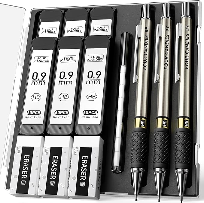 3PCS Metal Mechanical Pencil Set with 0.9mm Bold Point, 360 Leads, 12 Erasers, Art Mechanical Pencils Pack with Storage Case for School Writing, Sketching, Drawing & Professional Drafting