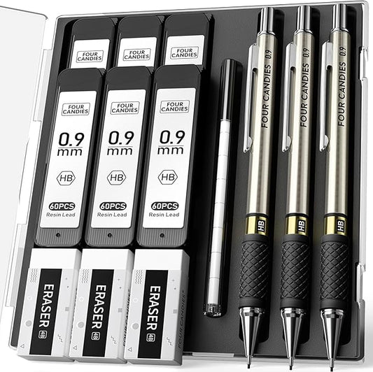 3PCS Metal Mechanical Pencil Set with 0.9mm Bold Point, 360 Leads, 12 Erasers, Art Mechanical Pencils Pack with Storage Case for School Writing, Sketching, Drawing & Professional Drafting