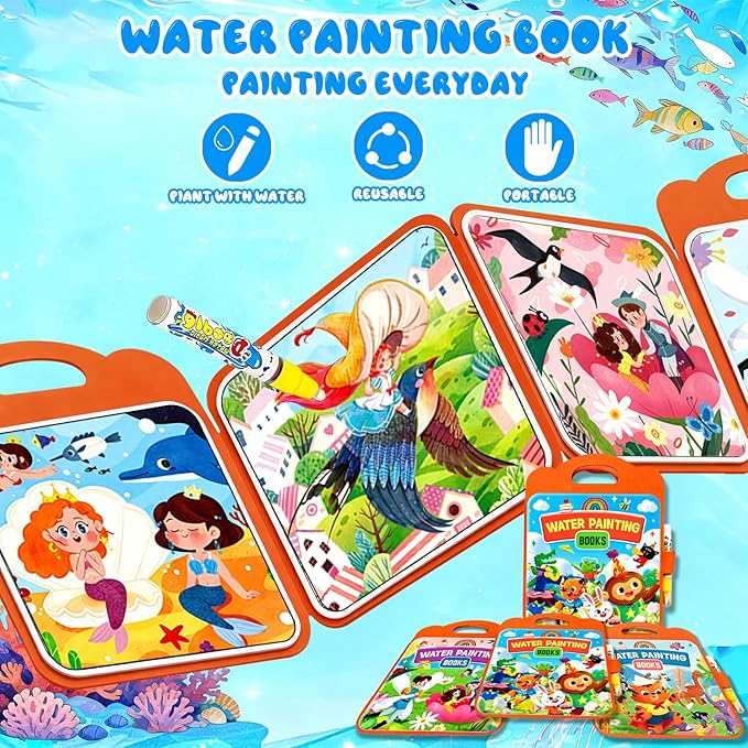 Usmfuie Water Coloring Book for Toddlers 1-3 - Mess Free Reusable Magic Reveal Montessori Painting Book with Water Pen - No Mess Paint with Water Activity for Kids Ages 2-4