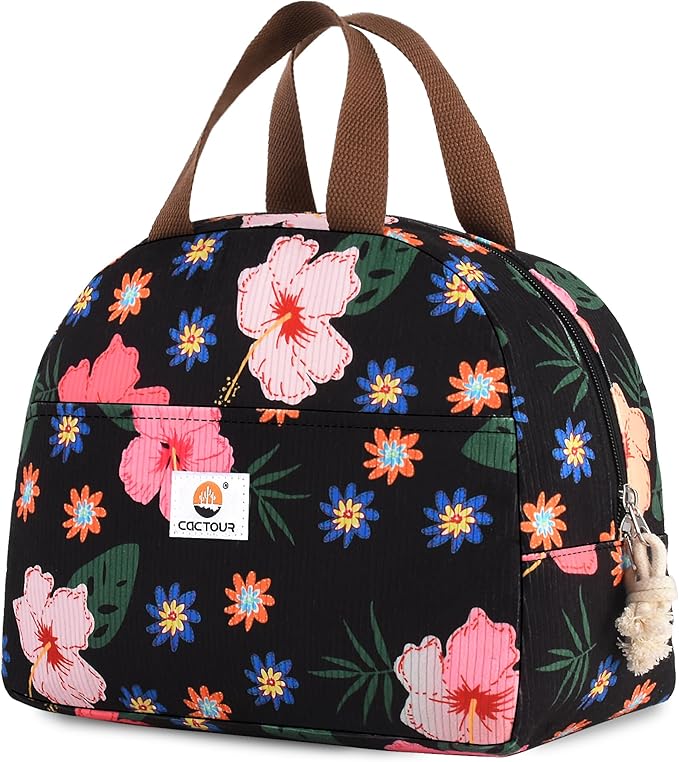 CaCTOUR Large Lunch Box for Women, Cute Lunch Box Cooler Bag, Portable Insulated LunchBox Reusable Corduroy Lunch Tote for Work/Travel/Picnic (Flower)