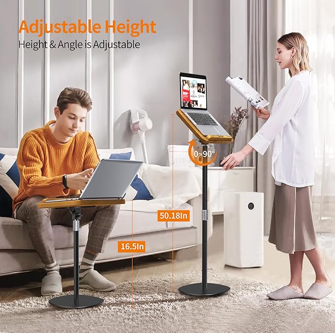 NAMON 2-in-1 Dual-use Floor & Desktop Book Stand, 100% Solid Wood, Height Adjustable from 16.5" to 51", Floor Reading Stand for Sheet Music, Cookbooks, Projector (Rubberwood, 11.8" x 16.5" Panel)