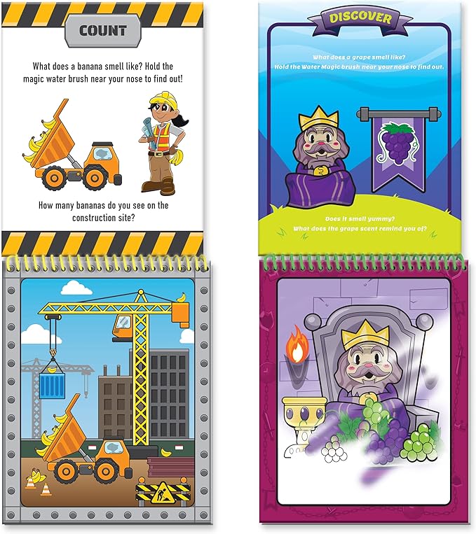 Scentco Water Magic - Patented Gourmet Scented Reusable Water Reveal Activity Books - No Mess, All Fun (Grape Kingdom and Construction)