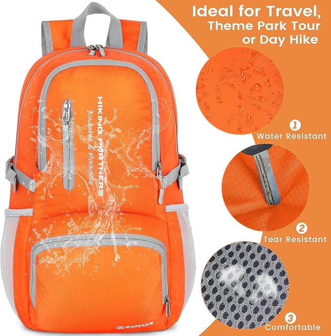 ZOMAKE Lightweight Packable Backpack, Water Resistant Foldable Daypack 35L | Light Hiking Backpacks Collapsible Day Pack for Travel, Everyday Carry, Multi Compartment Storage, Adjustable Strap (Orange)