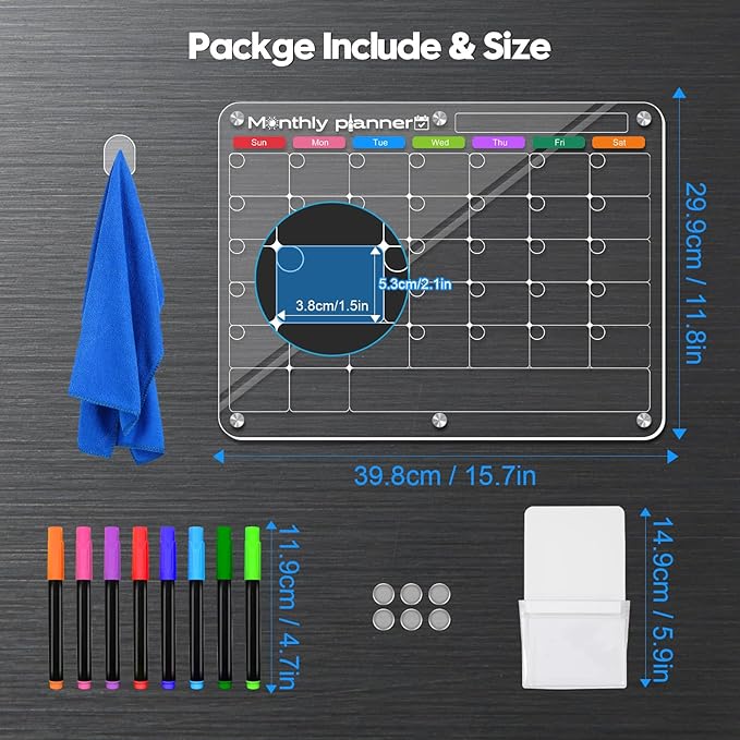 Acrylic Magnetic Calendar for Fridge, Clear Monthly Dry Erase Planning Board for Refrigerator, Reusable Kitchen Whiteboard Planner for Events/Notes, with 8 Colorful Markers, 11.8''×15.7''