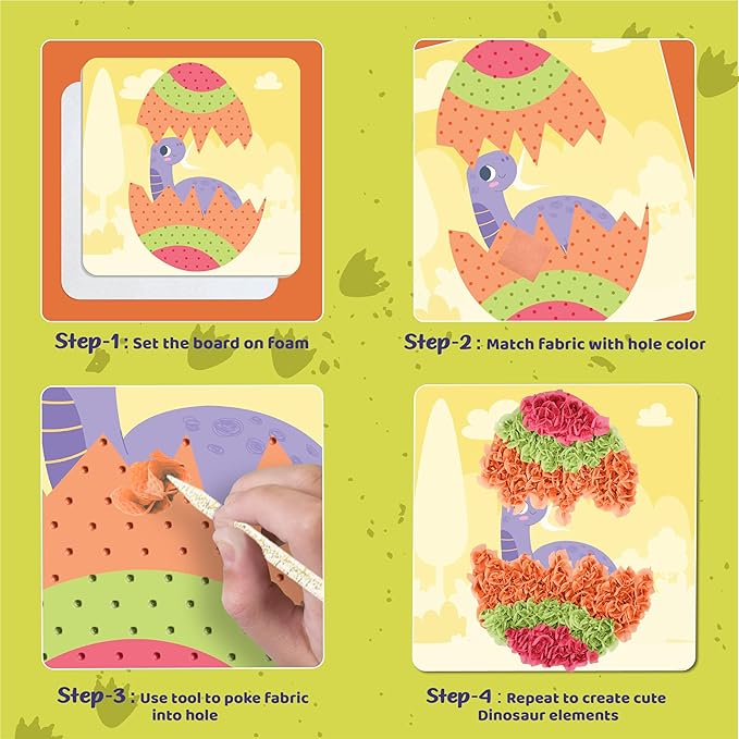 jackinthebox Poke Poke Art – Dinosaurs Theme, Mess-Free Fabric Art and Craft, Flower Pressing Kits, Gift for Girls and Boys Ages 4 5 6 7 8