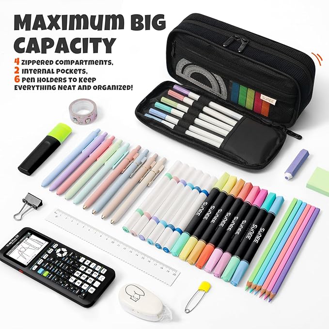 SUNEE Pencil Case, Large Capacity Pencil Pouch, Aesthetic Big Pen Bag, Soft Corduroy Pen Box for Office Stationery Organizer School Supplies Multifunctional for Teen Boys Girls Women Men, Jet Black