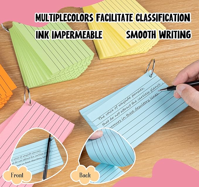 Agoer 500PCS Index Cards with Ring,3 x 5 Inches Flash Cards,Punched Lined Flashcards,Heavy Study Note Card,Vocabulary Cards,Colored Ruled Note Cards for Office,School,Home,Learning,College