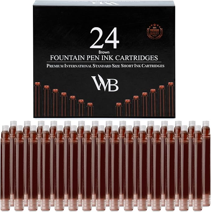 Wordsworth & Black 24 Pack Fountain Pen Ink Refills - Set of 24 Brown Ink Cartridges - International Standard Size - Length APPR 2.3" - Base Diameter APPR 0.24" - Disposable and Generic