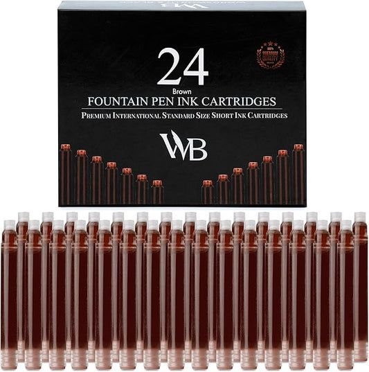 Wordsworth & Black 24 Pack Fountain Pen Ink Refills - Set of 24 Brown Ink Cartridges - International Standard Size - Length APPR 2.3" - Base Diameter APPR 0.24" - Disposable and Generic