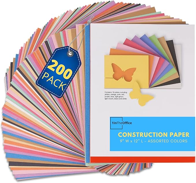 1InTheOffice Construction Paper 9x12, Assorted Colors, 200/Pack