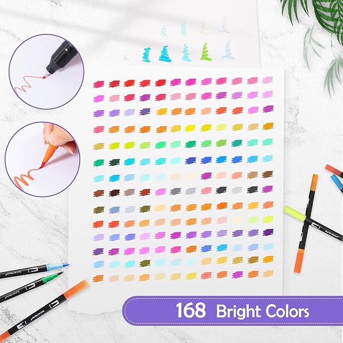 nauets 168 Colors Brush & Fine Dual Tip Watercolor Markers Set Coloring Books No Bleeding Paint Pens For Drawing Note taking Planner Calligraphy Journaling Card Making Art Supplies