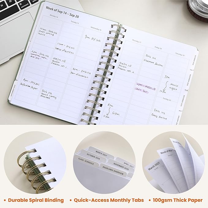 Academic Planner Aug 2026-Jul 2027, A5 Size, Student Planner with Monthly & Weekly Layout, Spiral Planner with Tabs, Class Schedule, Major Deadlines & Project Planning (Cream White)