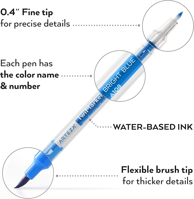 ARTEZA Dual Tip Brush Markers – Set of 48 Pens with Fine and Brush Tips, Water-Based Ink for Coloring, Sketching, Lettering & Journaling