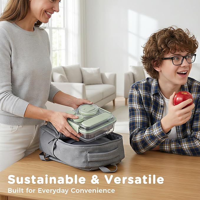 Stainless Steel Bento Lunch Box for Kids Adults with 8oz Insulated Food Jar, Leak-proof, Dishwasher-Safe, Transparent Lid with Sauce Cup and Cutlery Storage for School & Travel,BPA-Free(Green)