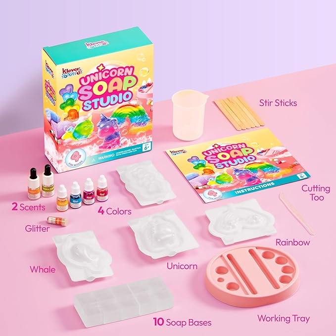 Klever Kits Unicorn Soap Making Kit- 4 Molds Girl Crafts DIY Project, Unicorn Girl Gifts, Kids Birthday Gift for Aged 6+, Science STEM Activity Teenage Gifts for Toddler Ages 6 7 8 9 10 11 12