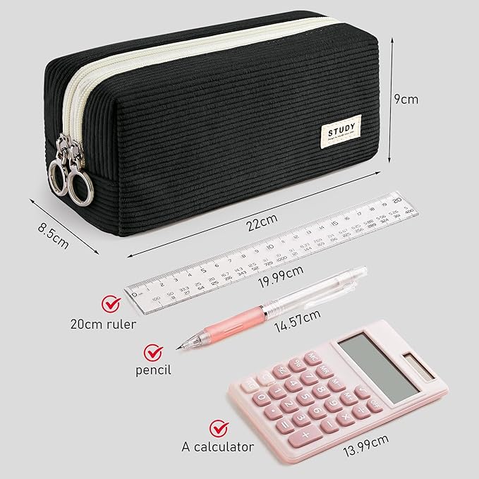 KALIDI Large Pencil Case Corduroy Pencil Pouch Box Cute School Supplies for Teen Girls Boys, Black