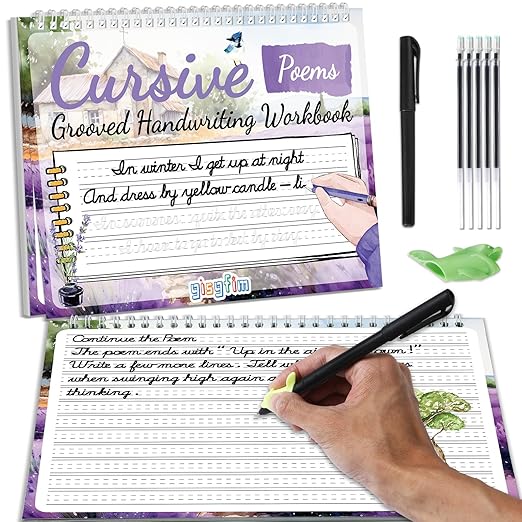 gisgfim Grooved Cursive Handwriting Workbook Magic Reusable Grooved Cursive Handwriting Practice Guided Tracing with Disappearing Ink Pens for Beginners Kids Learning Activities Supplies (Poems)