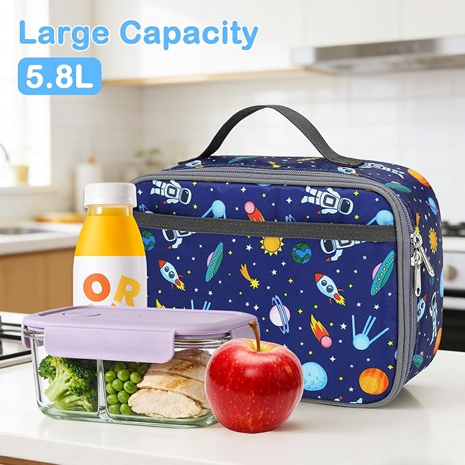 FlowFly Kids Lunch box Insulated Soft Bag Mini Cooler Back to School Thermal Meal Tote Kit for Girls, Boys, Astronaut