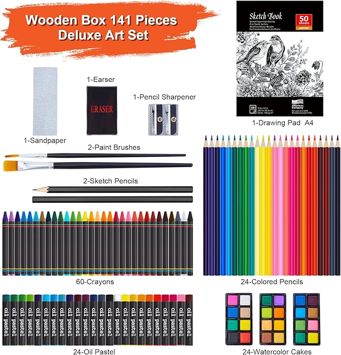 AGPTEK Art Set, 141-Piece Deluxe Art Supplies Kit with Crayons, Colored Pencils, Sketch Pencils, Paint Brushes, Sharpener, Eraser, Wooden Case & Drawing Pad