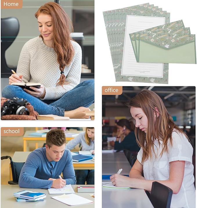 SECFOU 90pcs Lined Writing Paper and Envelope Set with Floral Design, Mint Green Thin Letter Sheets for Letter Writing and Invitations, Japanese Style Stationery for Office and School Use