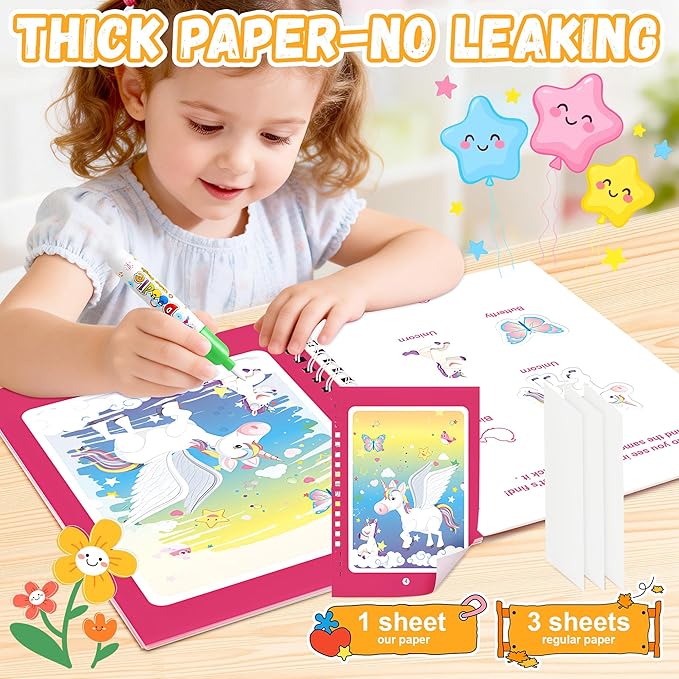 6P Water-Reveal Coloring Book for Toddlers–Mess Free Reusable Water Painting Pad with Pen,6 Fun Themes for Boys & Girls,Travel Activities,Party Favors,Holiday & Birthday Gifts for Kids Ages 3+