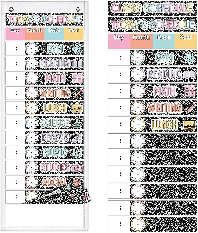 JarThenaAMCS Composition Notebook Daily Schedule Pocket Chart 13 x 35.5 In Back to School 13 + 1 Pocket Visual Schedule Chart Board with 24 Card for Classroom Home Office Supplies