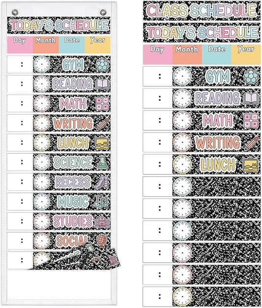 JarThenaAMCS Composition Notebook Daily Schedule Pocket Chart 13 x 35.5 In Back to School 13 + 1 Pocket Visual Schedule Chart Board with 24 Card for Classroom Home Office Supplies