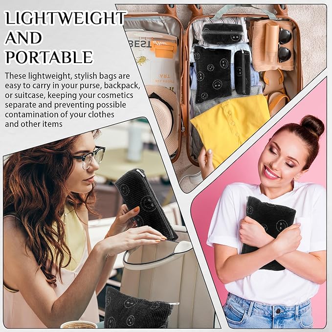 Huhumy 3 Pcs Makeup Bag Set for Women Corduroy Cosmetic Pouch Aesthetic Smile Travel Toiletry Bag Cute Purse Pouch Pencil Case Makeup Brushes Storage Organizer with Zipper(Black,Smile Face)