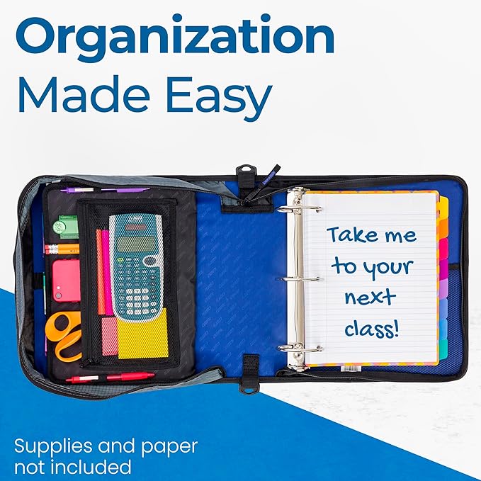 Case-it Mighty Zip Tab School Zipper Binder | 3-Inch O-Rings, 600-Sheet Capacity, 5-Subject Expanding File Folder, Multiple Pockets & Storage Organizer, Shoulder Strap | D-146 Midnight Blue
