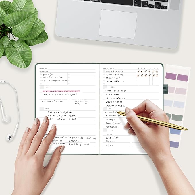 And Per Se Undated Planner, Weekly & Monthly Planner with Goal & Habit Tracker, A5 Leather Hardcover Productivity Journal for Academic Year (Celestial Green)