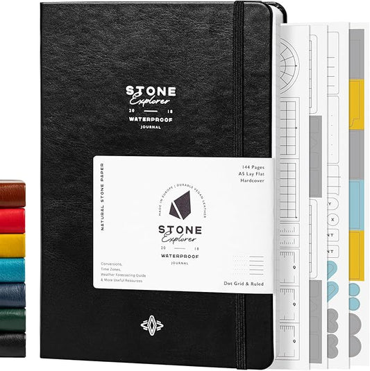 Stone Journal Explorer Notebook – A5 Waterproof Paper Field Journal, Vegan Leather Hardcover, 144 Pages Alternating Ruled & Dot Grid, Back Pocket, Weather-Resistant (Black)