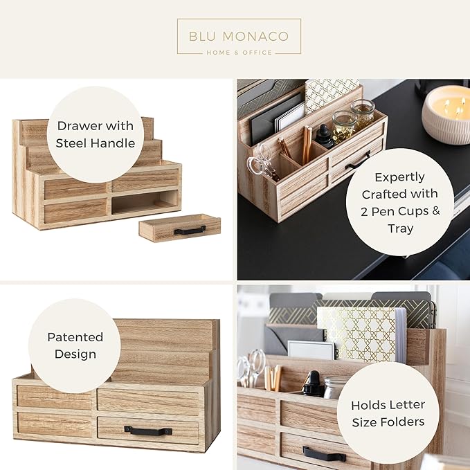 BLU MONACO | Natural Wood Mail Organizer with Drawer & Pen Holder | Rustic Desk Organizer for Bills, Letters & Countertop Storage | Wooden Desktop Mail Sorter for Home & Kitchen