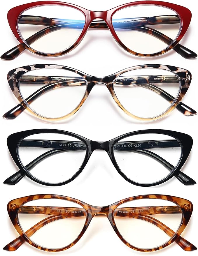 EYEURL 4-Pack Cat Eye Reading Glasses for Women Blue Light Blocking Computer Reading Glasses Anti-Glare Cat Eye Readers For Women,4.0